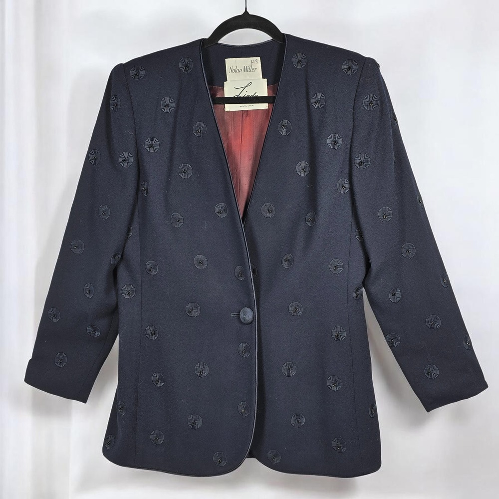 Nolan Miller Vintage Blazer Jacket Women 10 Navy Wool Soutache Spiral Collarless